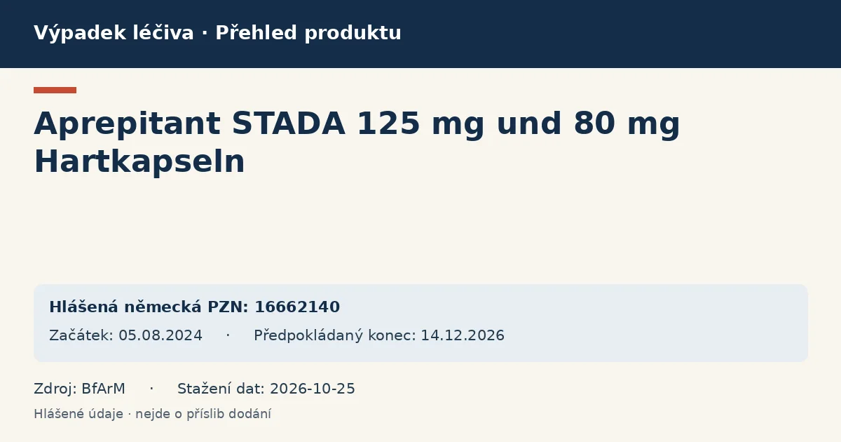 Aprepitant STADA 125 mg und 80 mg Hartkapseln: přehled německého výpadku s hlášenými baleními a obdobím (BfArM)