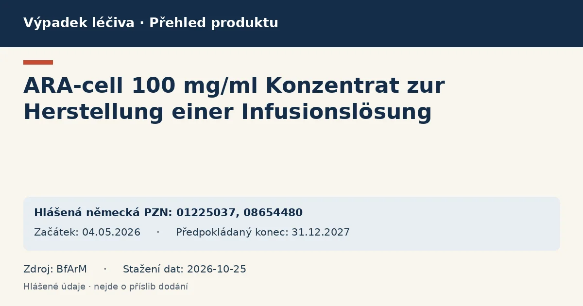 ARA-cell 100 mg/ml Konzentrat zur Herstellung einer Infusionslösung: přehled německého výpadku s hlášenými baleními a obdobím (BfArM) ARA-cell 100 mg/ml Konzentrat zur Herstellung einer Infusionslösung: přehled německého výpadku s hlášenými baleními a obdobím (BfArM)