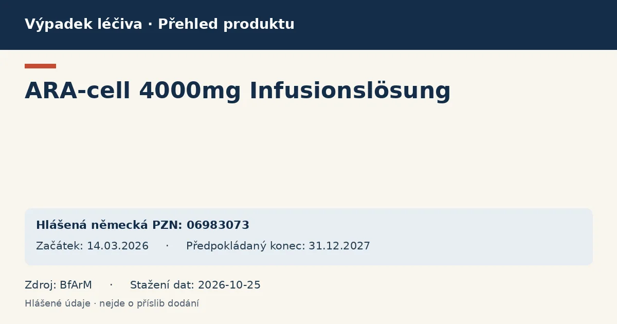 ARA-cell 4000mg Infusionslösung: přehled německého výpadku s hlášenými baleními a obdobím (BfArM) ARA-cell 4000mg Infusionslösung: přehled německého výpadku s hlášenými baleními a obdobím (BfArM)