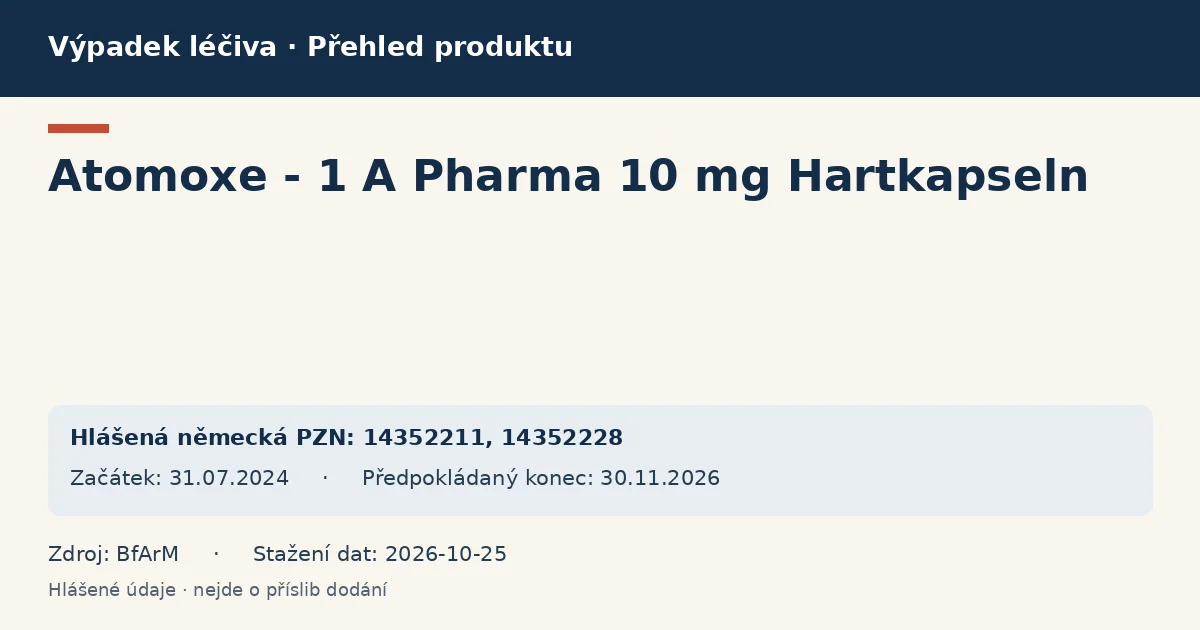 Atomoxe - 1 A Pharma 10 mg Hartkapseln: přehled německého výpadku s hlášenými baleními a obdobím (BfArM)