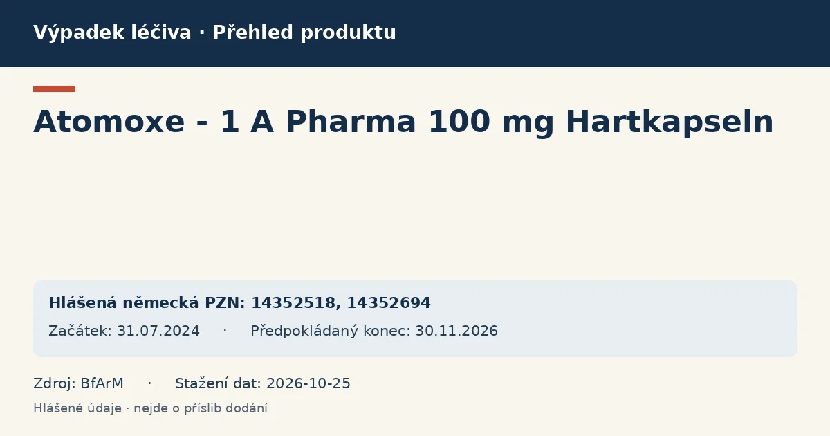 Atomoxe - 1 A Pharma 100 mg Hartkapseln: přehled německého výpadku s hlášenými baleními a obdobím (BfArM) Atomoxe - 1 A Pharma 100 mg Hartkapseln: přehled německého výpadku s hlášenými baleními a obdobím (BfArM)