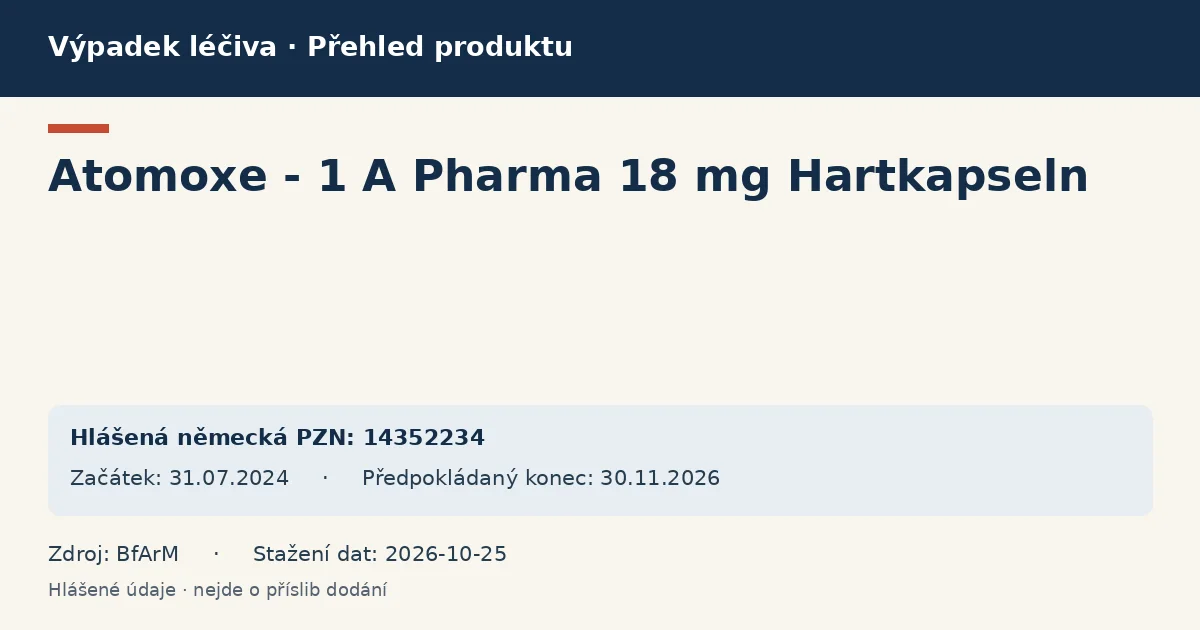 Atomoxe - 1 A Pharma 18 mg Hartkapseln: přehled německého výpadku s hlášenými baleními a obdobím (BfArM) Atomoxe - 1 A Pharma 18 mg Hartkapseln: přehled německého výpadku s hlášenými baleními a obdobím (BfArM)