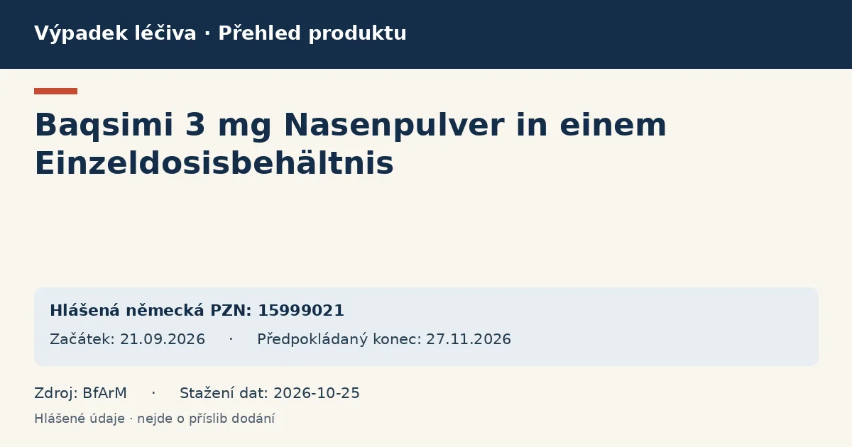 Baqsimi 3 mg Nasenpulver in einem Einzeldosisbehältnis: přehled německého výpadku s hlášenými baleními a obdobím (BfArM) Baqsimi 3 mg Nasenpulver in einem Einzeldosisbehältnis: přehled německého výpadku s hlášenými baleními a obdobím (BfArM)
