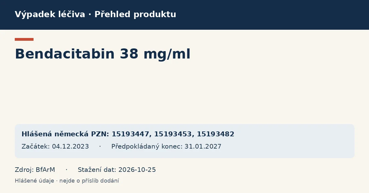 Bendacitabin 38 mg/ml: přehled německého výpadku s hlášenými baleními a obdobím (BfArM) Bendacitabin 38 mg/ml: přehled německého výpadku s hlášenými baleními a obdobím (BfArM)