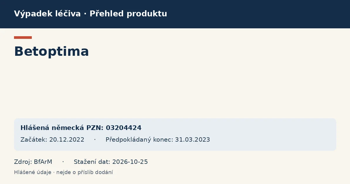Betoptima: přehled německého výpadku s hlášenými baleními a obdobím (BfArM) Betoptima: přehled německého výpadku s hlášenými baleními a obdobím (BfArM)