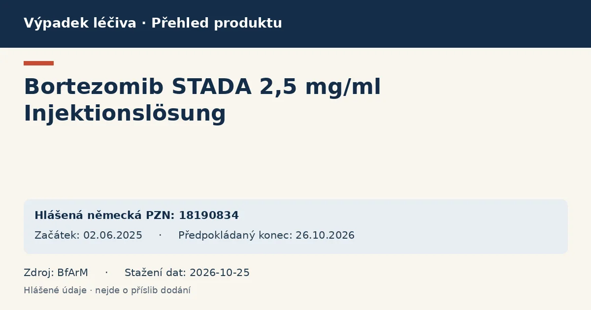 Bortezomib STADA 2,5 mg/ml Injektionslösung: přehled německého výpadku s hlášenými baleními a obdobím (BfArM) Bortezomib STADA 2,5 mg/ml Injektionslösung: přehled německého výpadku s hlášenými baleními a obdobím (BfArM)