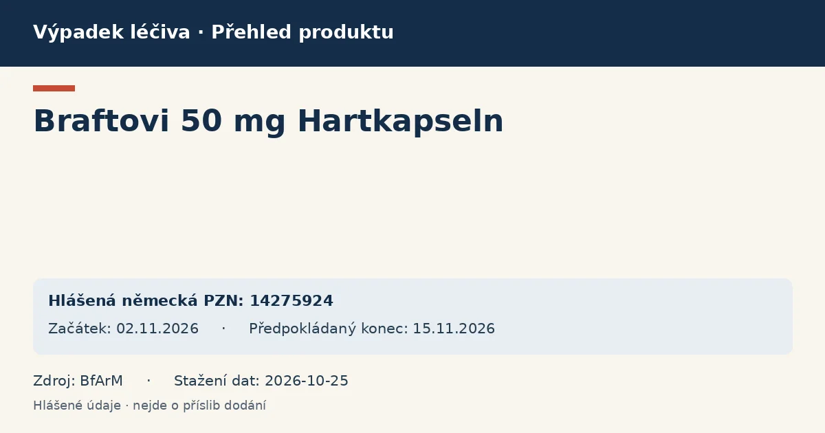 Braftovi 50 mg Hartkapseln: přehled německého výpadku s hlášenými baleními a obdobím (BfArM) Braftovi 50 mg Hartkapseln: přehled německého výpadku s hlášenými baleními a obdobím (BfArM)