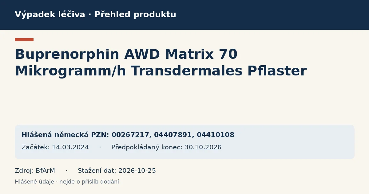 Buprenorphin AWD Matrix 70 Mikrogramm/h Transdermales Pflaster: přehled německého výpadku s hlášenými baleními a obdobím (BfArM)