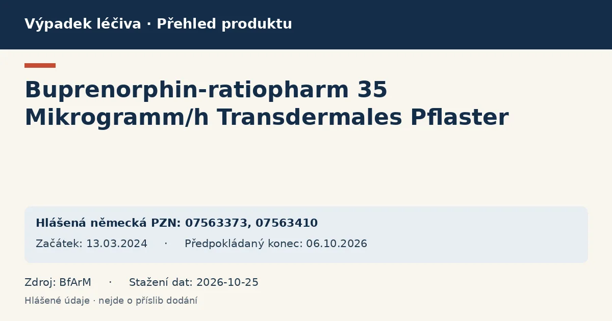 Buprenorphin-ratiopharm 35 Mikrogramm/h Transdermales Pflaster: přehled německého výpadku s hlášenými baleními a obdobím (BfArM) Buprenorphin-ratiopharm 35 Mikrogramm/h Transdermales Pflaster: přehled německého výpadku s hlášenými baleními a obdobím (BfArM)