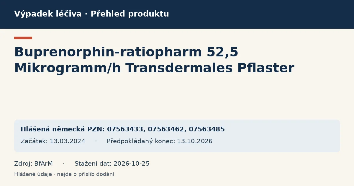 Buprenorphin-ratiopharm 52,5 Mikrogramm/h Transdermales Pflaster: přehled německého výpadku s hlášenými baleními a obdobím (BfArM) Buprenorphin-ratiopharm 52,5 Mikrogramm/h Transdermales Pflaster: přehled německého výpadku s hlášenými baleními a obdobím (BfArM)