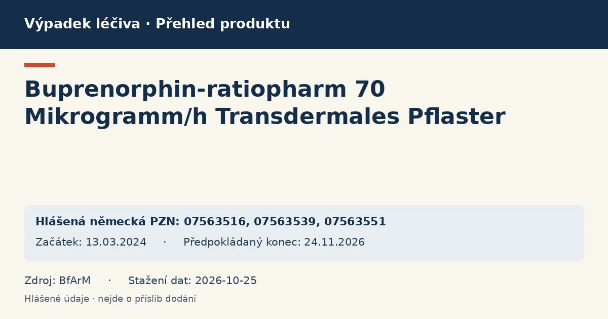 Buprenorphin-ratiopharm 70 Mikrogramm/h Transdermales Pflaster: přehled německého výpadku s hlášenými baleními a obdobím (BfArM)