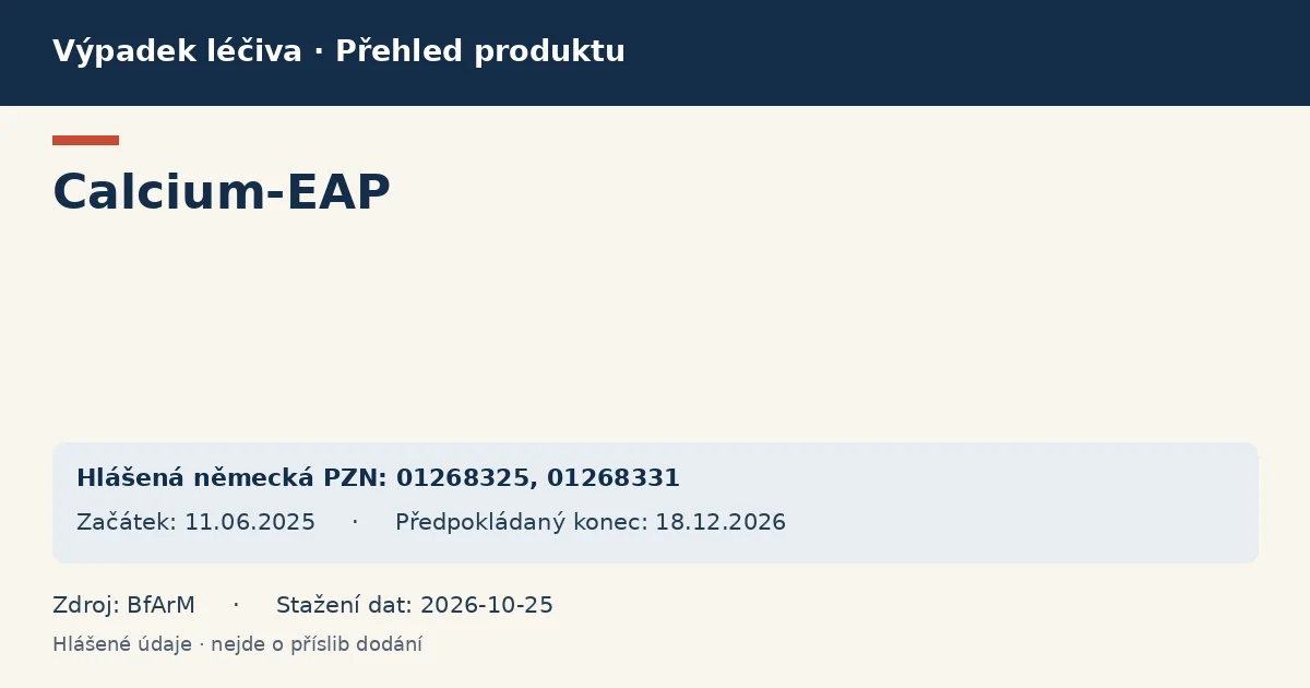 Calcium-EAP: přehled německého výpadku s hlášenými baleními a obdobím (BfArM) Calcium-EAP: přehled německého výpadku s hlášenými baleními a obdobím (BfArM)
