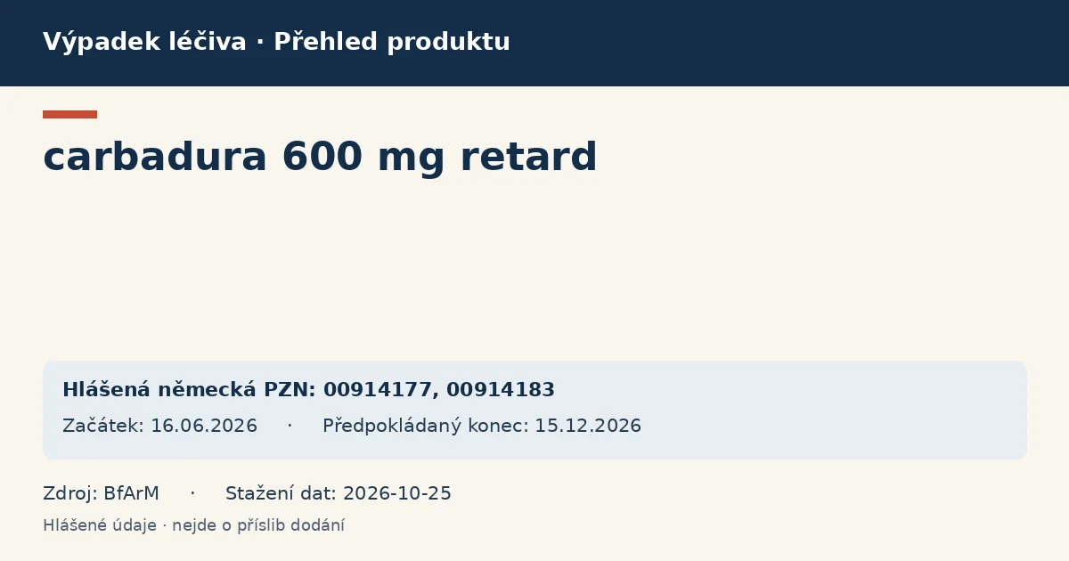 carbadura 600 mg retard: přehled německého výpadku s hlášenými baleními a obdobím (BfArM) carbadura 600 mg retard: přehled německého výpadku s hlášenými baleními a obdobím (BfArM)