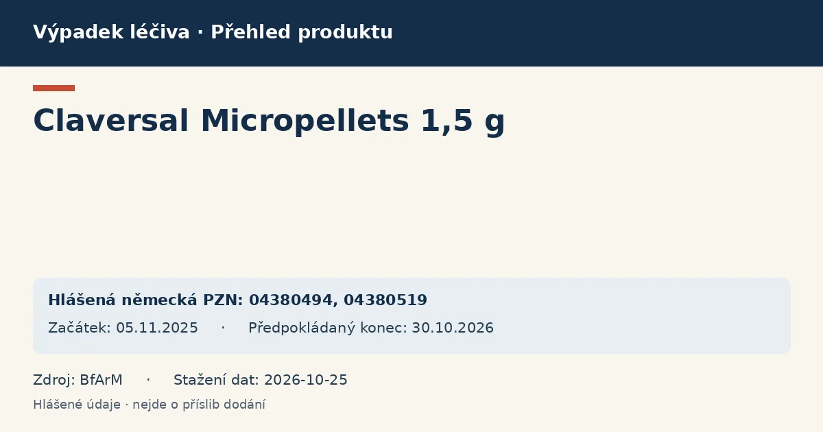 Claversal Micropellets 1,5 g: přehled německého výpadku s hlášenými baleními a obdobím (BfArM) Claversal Micropellets 1,5 g: přehled německého výpadku s hlášenými baleními a obdobím (BfArM)