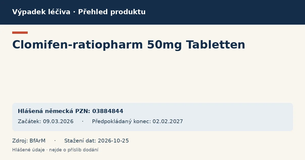 Clomifen-ratiopharm 50mg Tabletten: přehled německého výpadku s hlášenými baleními a obdobím (BfArM) Clomifen-ratiopharm 50mg Tabletten: přehled německého výpadku s hlášenými baleními a obdobím (BfArM)