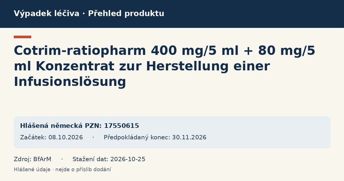 Cotrim-ratiopharm 400 mg/5 ml + 80 mg/5 ml Konzentrat zur Herstellung einer Infusionslösung: přehled německého výpadku s hlášenými baleními a obdobím (BfArM) Cotrim-ratiopharm 400 mg/5 ml + 80 mg/5 ml Konzentrat zur Herstellung einer Infusionslösung: přehled německého výpadku s hlášenými baleními a obdobím (BfArM)