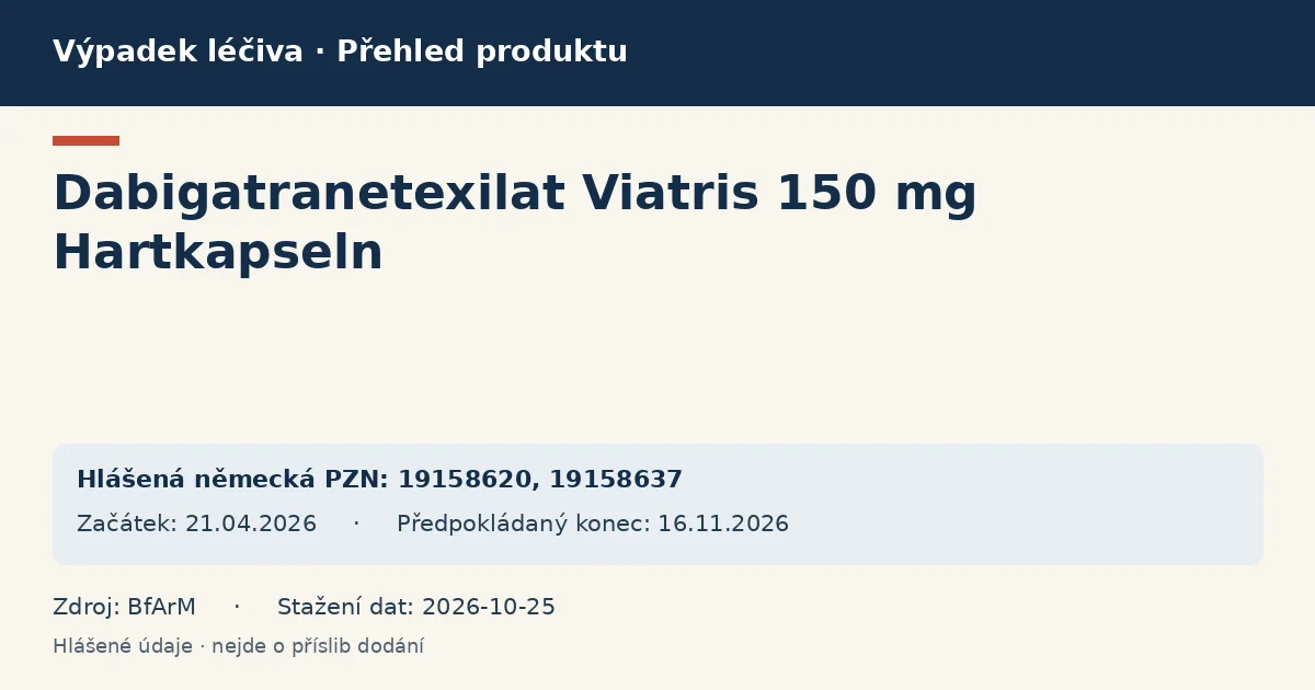 Dabigatranetexilat Viatris 150 mg Hartkapseln: přehled německého výpadku s hlášenými baleními a obdobím (BfArM)