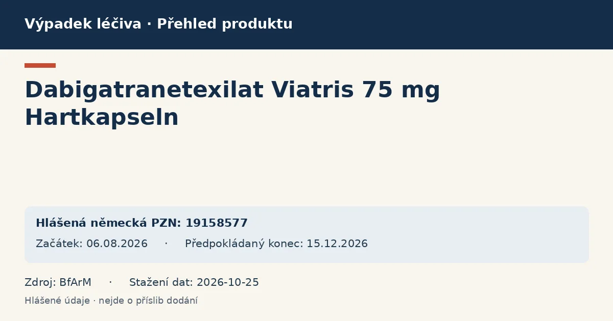 Dabigatranetexilat Viatris 75 mg Hartkapseln: přehled německého výpadku s hlášenými baleními a obdobím (BfArM)