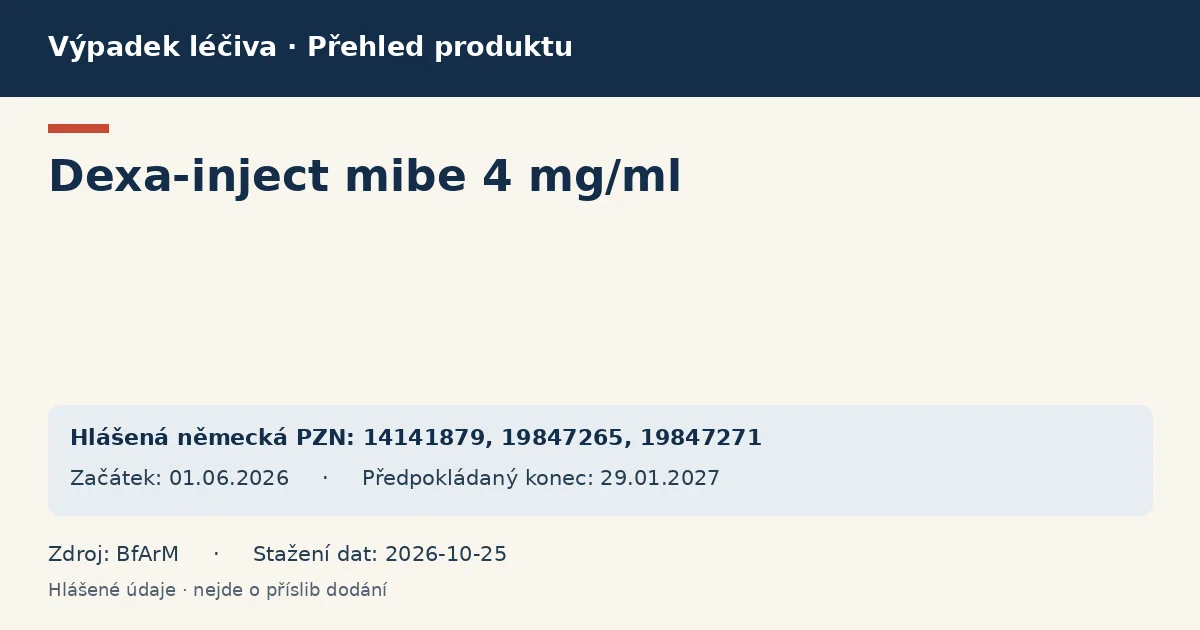 Dexa-inject mibe 4 mg/ml: přehled německého výpadku s hlášenými baleními a obdobím (BfArM) Dexa-inject mibe 4 mg/ml: přehled německého výpadku s hlášenými baleními a obdobím (BfArM)