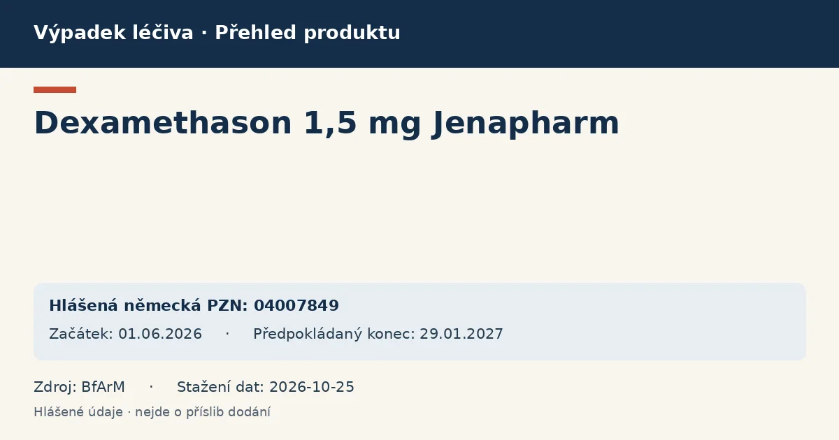 Dexamethason 1,5 mg Jenapharm: přehled německého výpadku s hlášenými baleními a obdobím (BfArM)