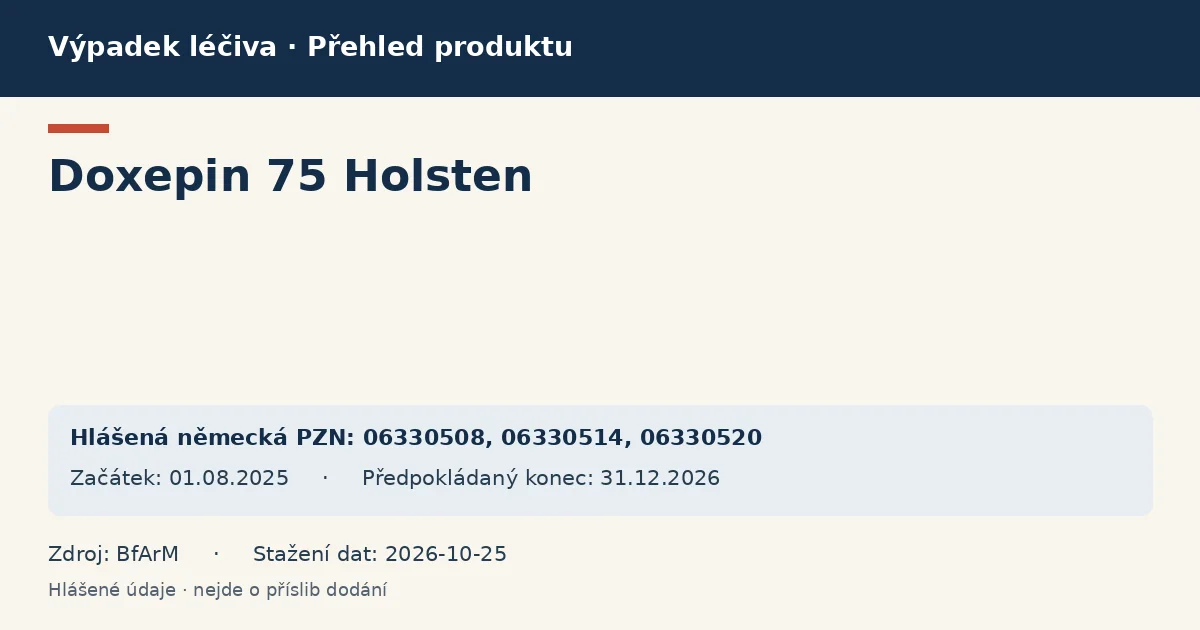 Doxepin 75 Holsten: přehled německého výpadku s hlášenými baleními a obdobím (BfArM) Doxepin 75 Holsten: přehled německého výpadku s hlášenými baleními a obdobím (BfArM)