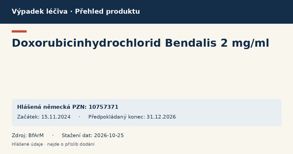 Doxorubicinhydrochlorid Bendalis 2 mg/ml: přehled německého výpadku s hlášenými baleními a obdobím (BfArM)