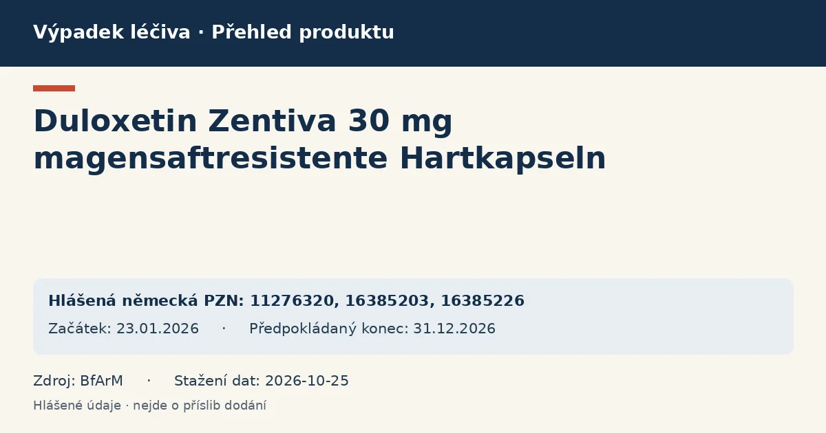 Duloxetin Zentiva 30 mg magensaftresistente Hartkapseln : přehled německého výpadku s hlášenými baleními a obdobím (BfArM)