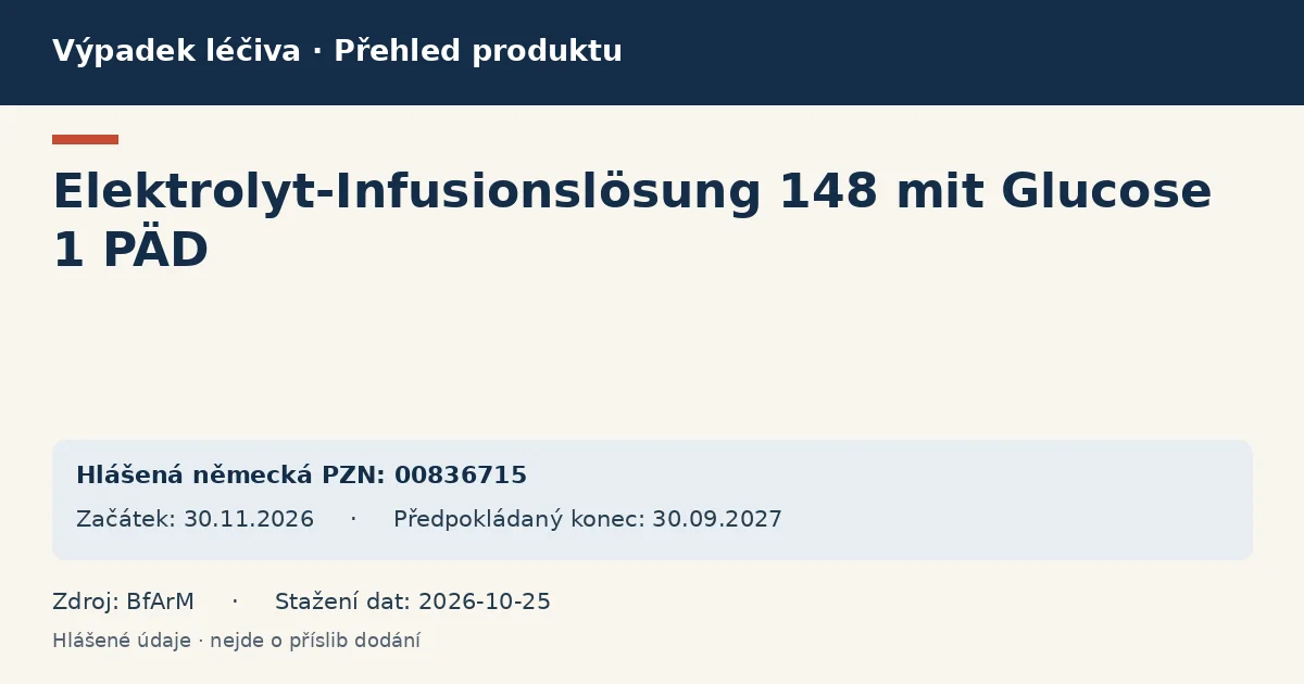 Elektrolyt-Infusionslösung 148 mit Glucose 1 PÄD: přehled německého výpadku s hlášenými baleními a obdobím (BfArM)