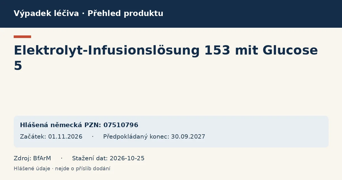 Elektrolyt-Infusionslösung 153 mit Glucose 5: přehled německého výpadku s hlášenými baleními a obdobím (BfArM) Elektrolyt-Infusionslösung 153 mit Glucose 5: přehled německého výpadku s hlášenými baleními a obdobím (BfArM)