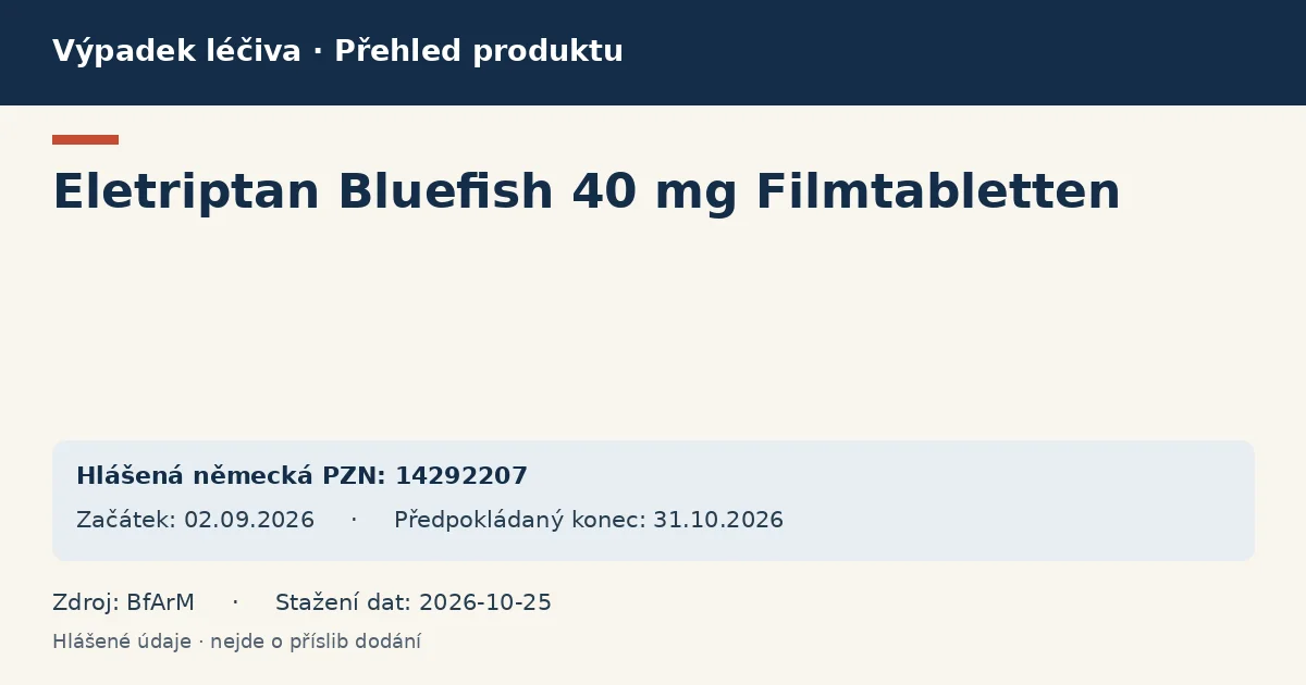 Eletriptan Bluefish 40 mg Filmtabletten: přehled německého výpadku s hlášenými baleními a obdobím (BfArM)