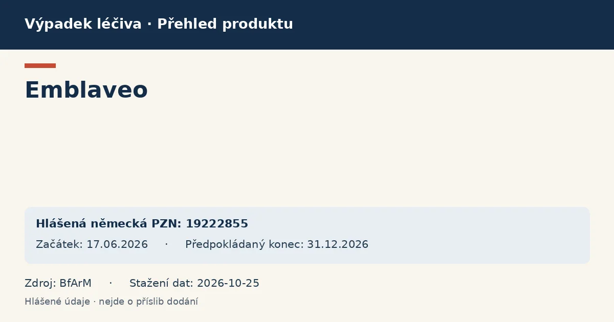 Emblaveo: přehled německého výpadku s hlášenými baleními a obdobím (BfArM) Emblaveo: přehled německého výpadku s hlášenými baleními a obdobím (BfArM)