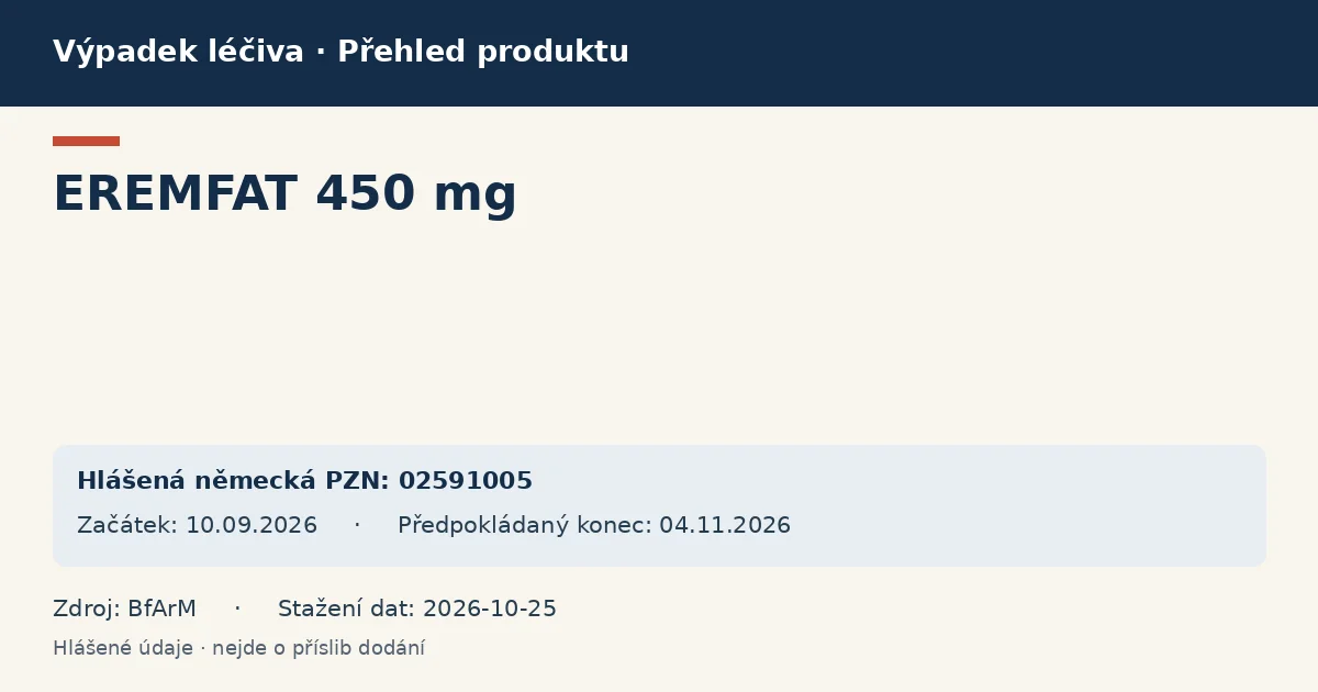 EREMFAT 450 mg: přehled německého výpadku s hlášenými baleními a obdobím (BfArM) EREMFAT 450 mg: přehled německého výpadku s hlášenými baleními a obdobím (BfArM)