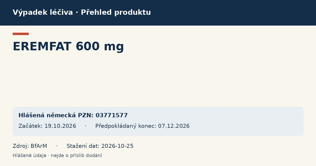 EREMFAT 600 mg: přehled německého výpadku s hlášenými baleními a obdobím (BfArM) EREMFAT 600 mg: přehled německého výpadku s hlášenými baleními a obdobím (BfArM)