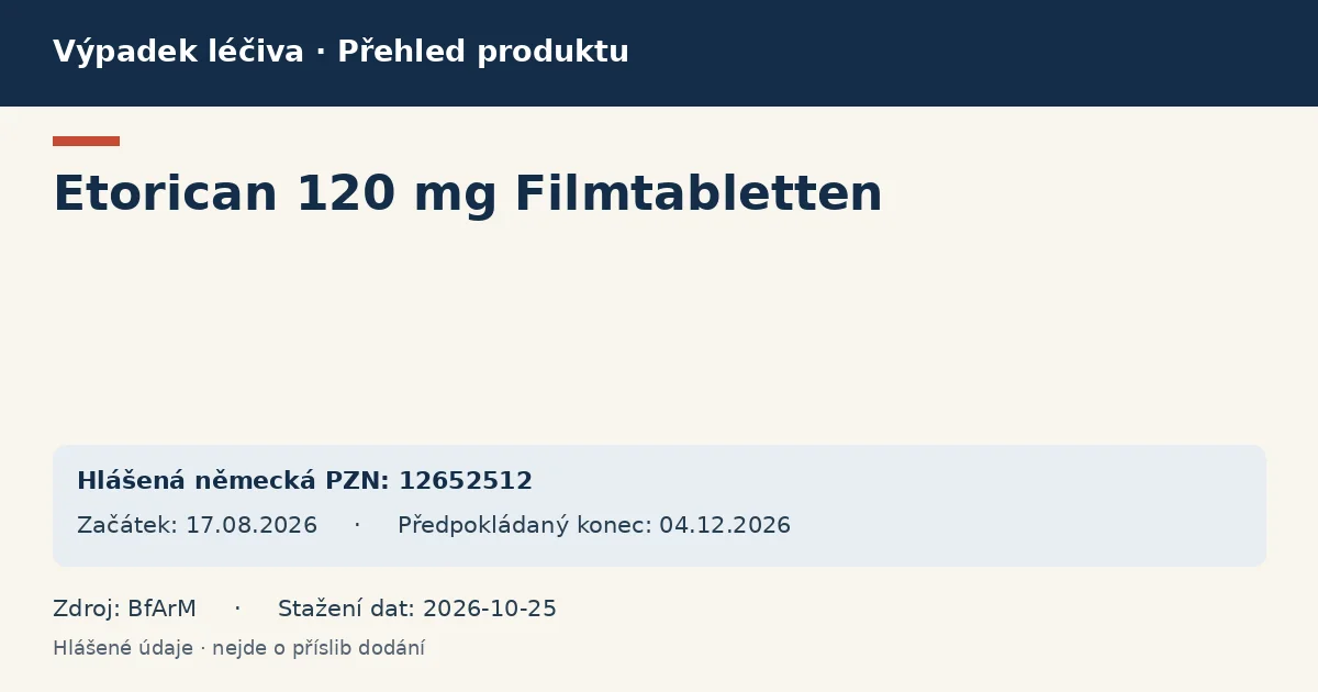 Etorican 120 mg Filmtabletten: přehled německého výpadku s hlášenými baleními a obdobím (BfArM) Etorican 120 mg Filmtabletten: přehled německého výpadku s hlášenými baleními a obdobím (BfArM)