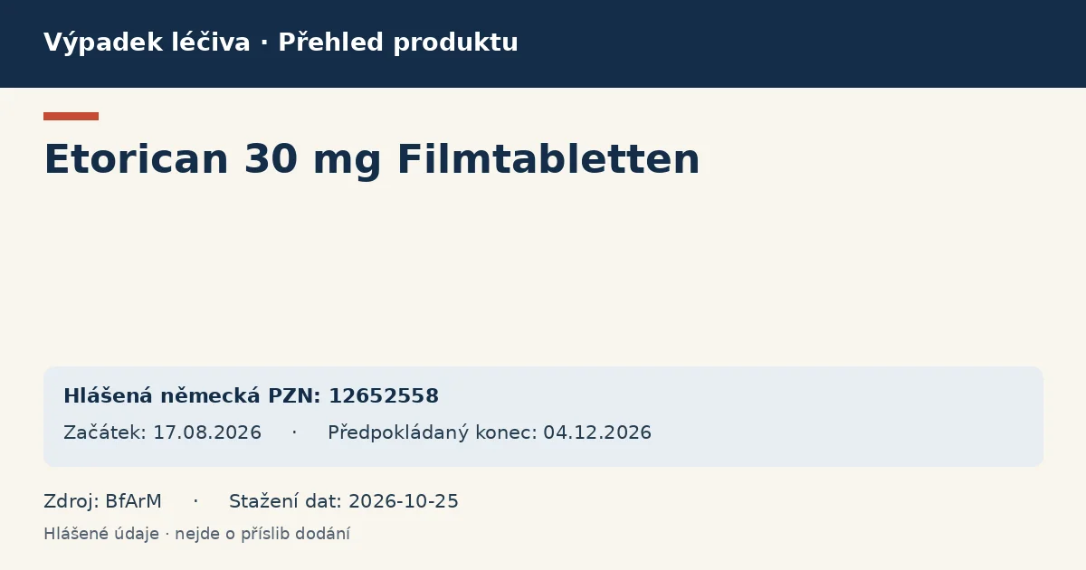 Etorican 30 mg Filmtabletten: přehled německého výpadku s hlášenými baleními a obdobím (BfArM)