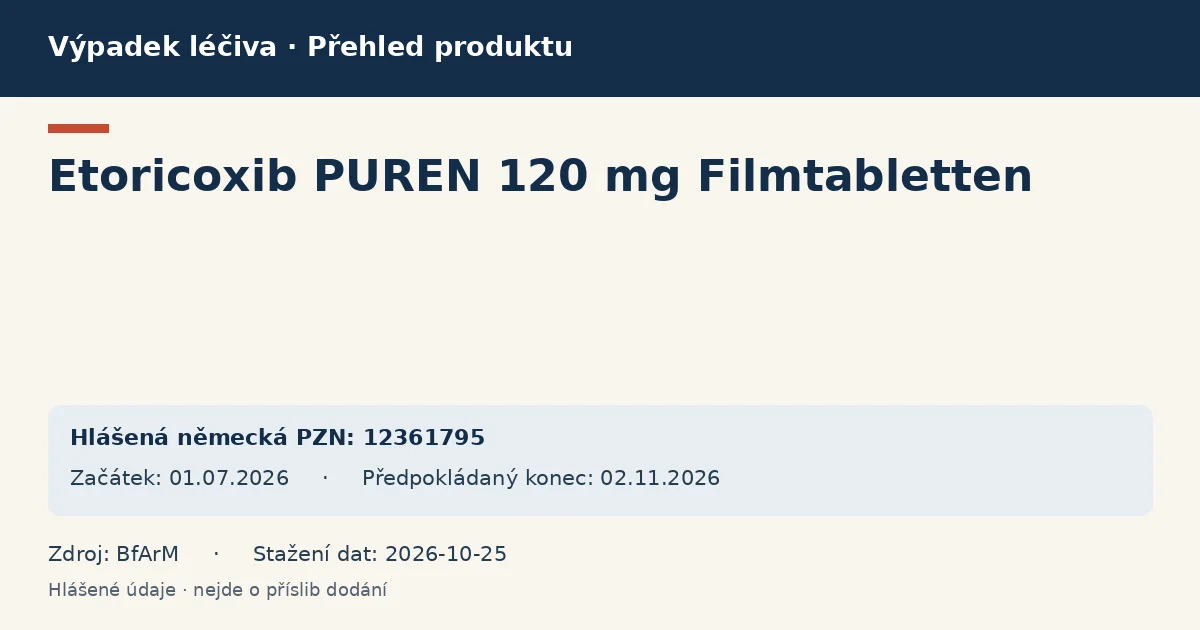 Etoricoxib PUREN 120 mg Filmtabletten: přehled německého výpadku s hlášenými baleními a obdobím (BfArM)