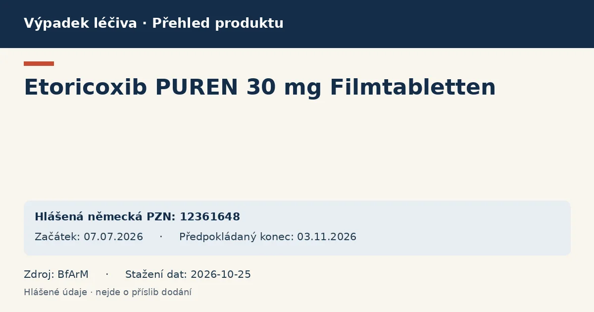 Etoricoxib PUREN 30 mg Filmtabletten: přehled německého výpadku s hlášenými baleními a obdobím (BfArM)