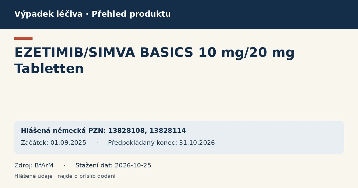 EZETIMIB/SIMVA BASICS 10 mg/20 mg Tabletten: přehled německého výpadku s hlášenými baleními a obdobím (BfArM) EZETIMIB/SIMVA BASICS 10 mg/20 mg Tabletten: přehled německého výpadku s hlášenými baleními a obdobím (BfArM)