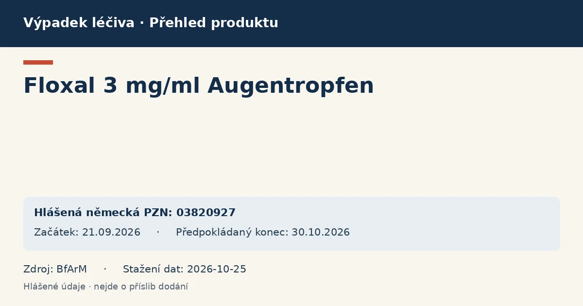 Floxal 3 mg/ml Augentropfen: přehled německého výpadku s hlášenými baleními a obdobím (BfArM)