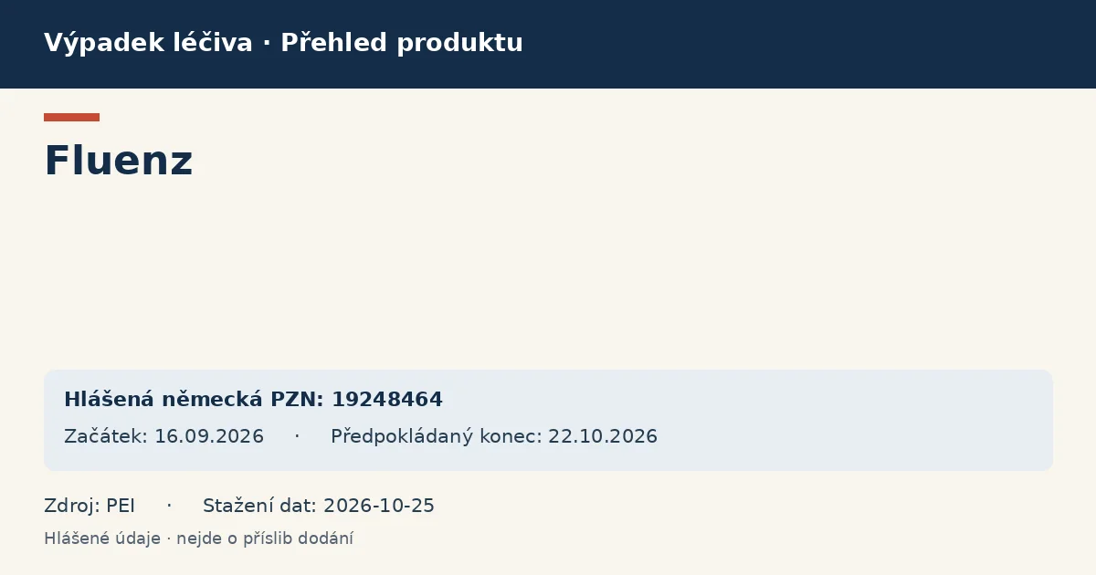 Fluenz: přehled německého výpadku s hlášenými baleními a obdobím (PEI) Fluenz: přehled německého výpadku s hlášenými baleními a obdobím (PEI)