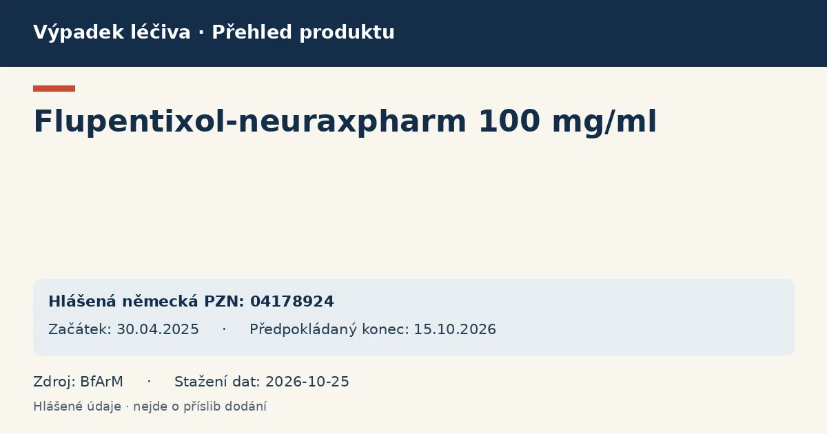 Flupentixol-neuraxpharm 100 mg/ml: přehled německého výpadku s hlášenými baleními a obdobím (BfArM)