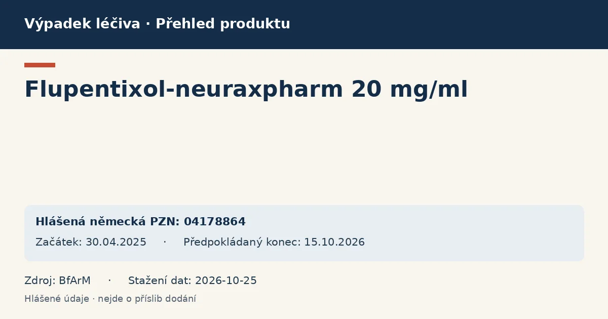 Flupentixol-neuraxpharm 20 mg/ml: přehled německého výpadku s hlášenými baleními a obdobím (BfArM) Flupentixol-neuraxpharm 20 mg/ml: přehled německého výpadku s hlášenými baleními a obdobím (BfArM)