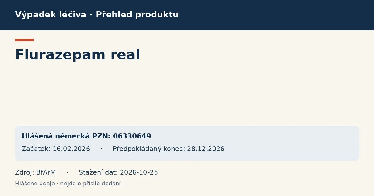 Flurazepam real: přehled německého výpadku s hlášenými baleními a obdobím (BfArM) Flurazepam real: přehled německého výpadku s hlášenými baleními a obdobím (BfArM)