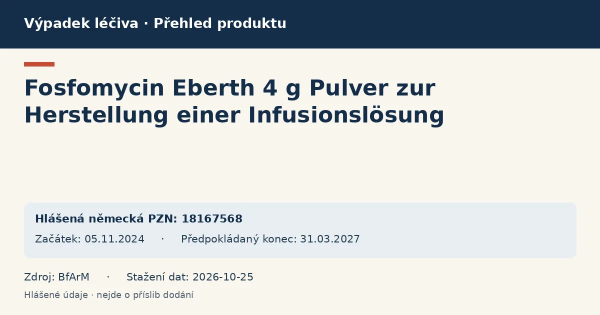Fosfomycin Eberth 4 g Pulver zur Herstellung einer Infusionslösung: přehled německého výpadku s hlášenými baleními a obdobím (BfArM)