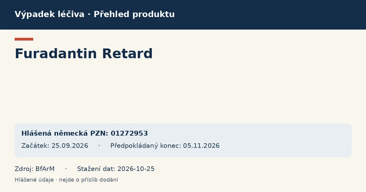 Furadantin Retard: přehled německého výpadku s hlášenými baleními a obdobím (BfArM) Furadantin Retard: přehled německého výpadku s hlášenými baleními a obdobím (BfArM)
