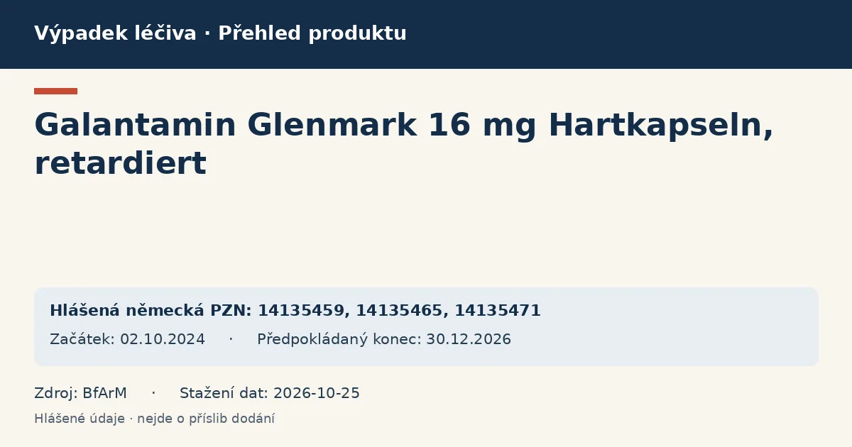 Galantamin Glenmark 16 mg Hartkapseln, retardiert: přehled německého výpadku s hlášenými baleními a obdobím (BfArM)
