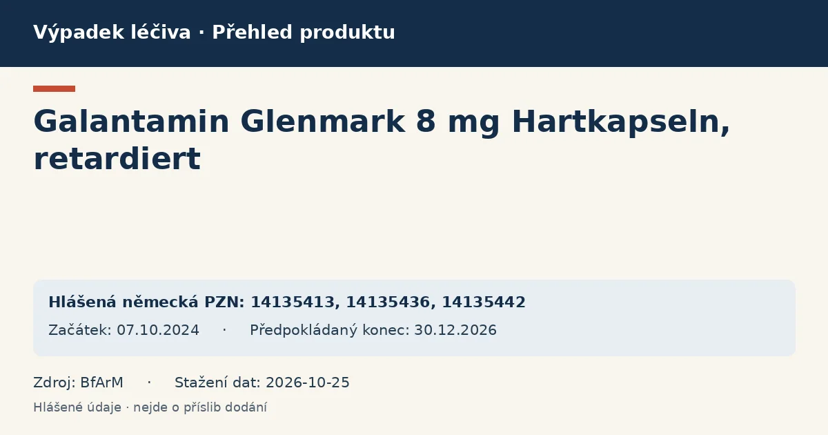 Galantamin Glenmark 8 mg Hartkapseln, retardiert: přehled německého výpadku s hlášenými baleními a obdobím (BfArM)