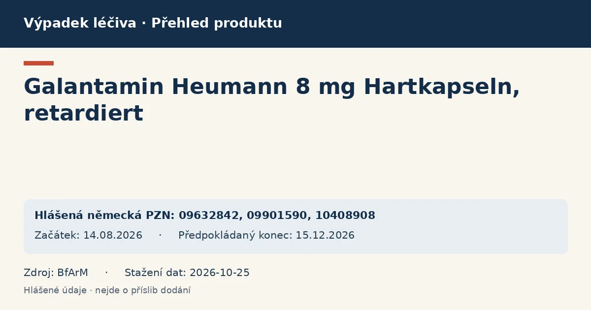Galantamin Heumann 8 mg Hartkapseln, retardiert: přehled německého výpadku s hlášenými baleními a obdobím (BfArM)
