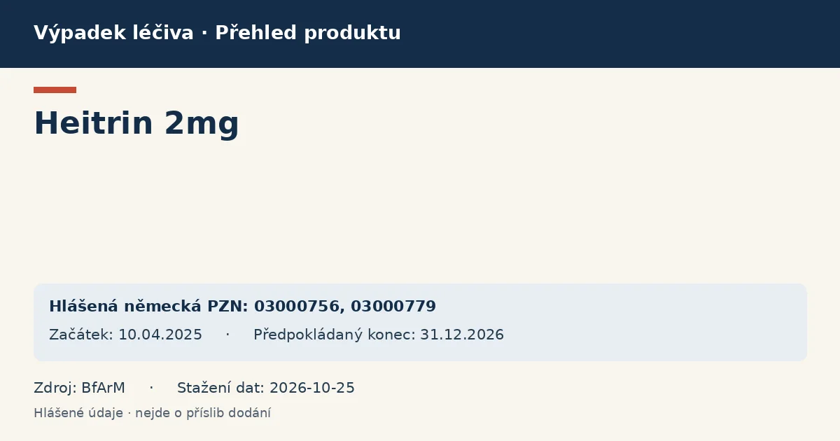 Heitrin 2mg: přehled německého výpadku s hlášenými baleními a obdobím (BfArM) Heitrin 2mg: přehled německého výpadku s hlášenými baleními a obdobím (BfArM)