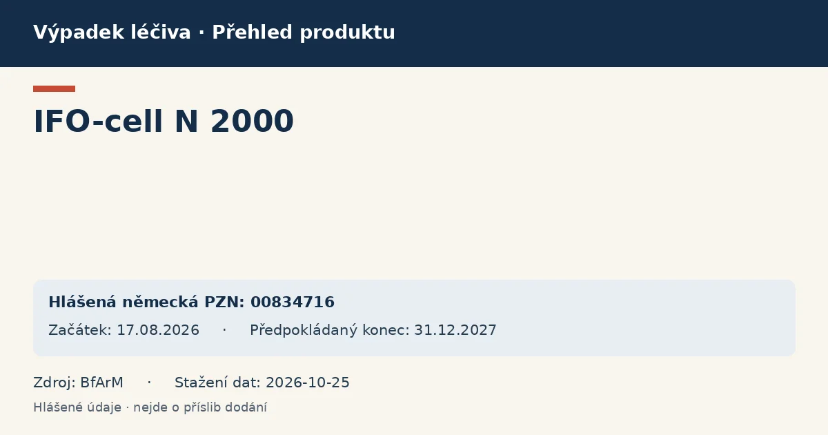 IFO-cell N 2000: přehled německého výpadku s hlášenými baleními a obdobím (BfArM) IFO-cell N 2000: přehled německého výpadku s hlášenými baleními a obdobím (BfArM)